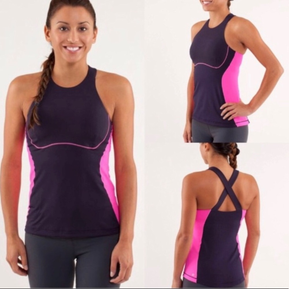 Lululemon Womens Tank Top Purple Pink Spin It To Win It Shelf Bra Size 4